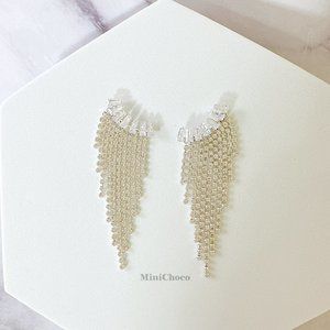 Silver Tone CZ Curved Tapered Baguette Cascading Earrings